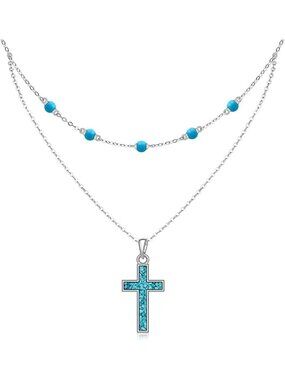 Turquoise Cross Necklace for Women | S925 Sterling Silver Beaded Layered Pendant